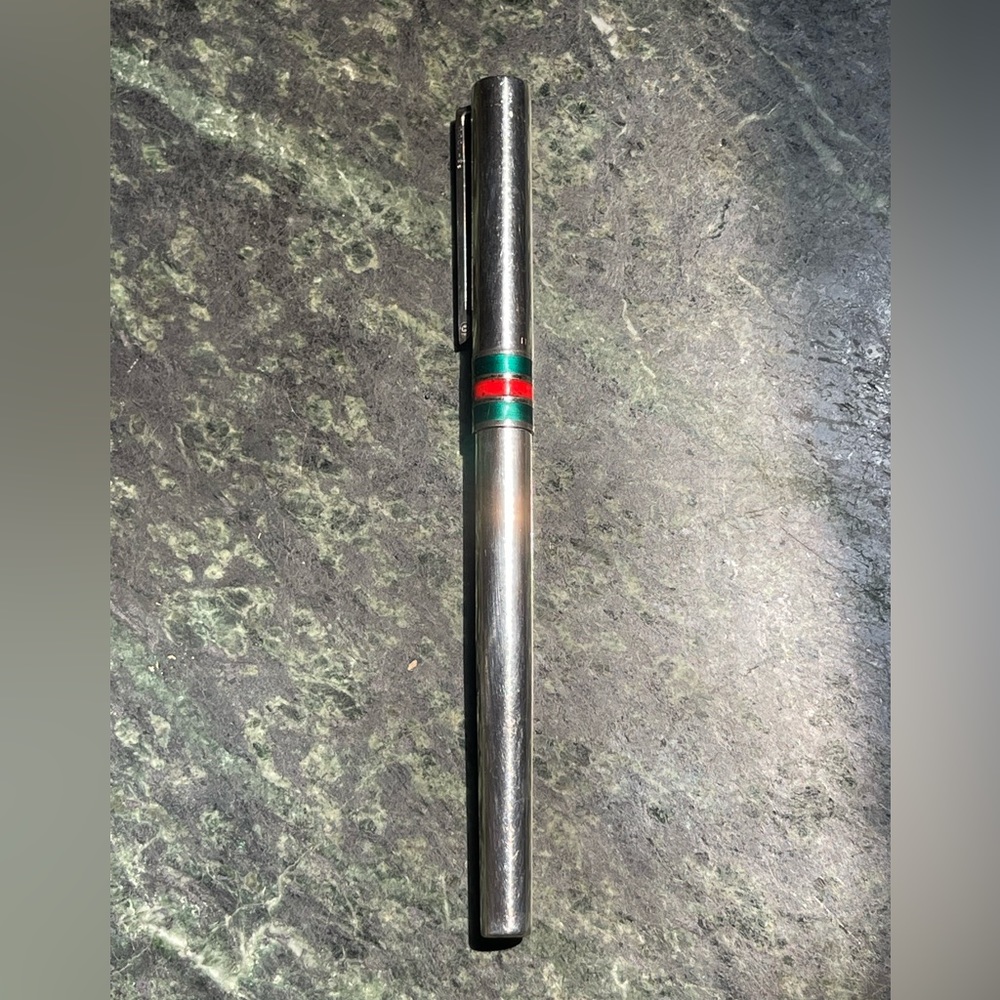 Vintage GUCCI STERLING SILVER RED & GREEN ENAMEL STRIPES BALLPOINT PEN